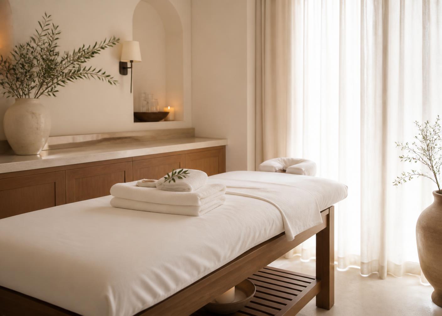 Traditional Thai massage treatment room with wooden bed and white linen