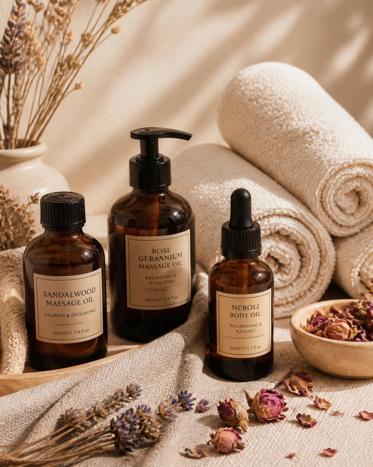 Massage oils and rolled towels on warm linen