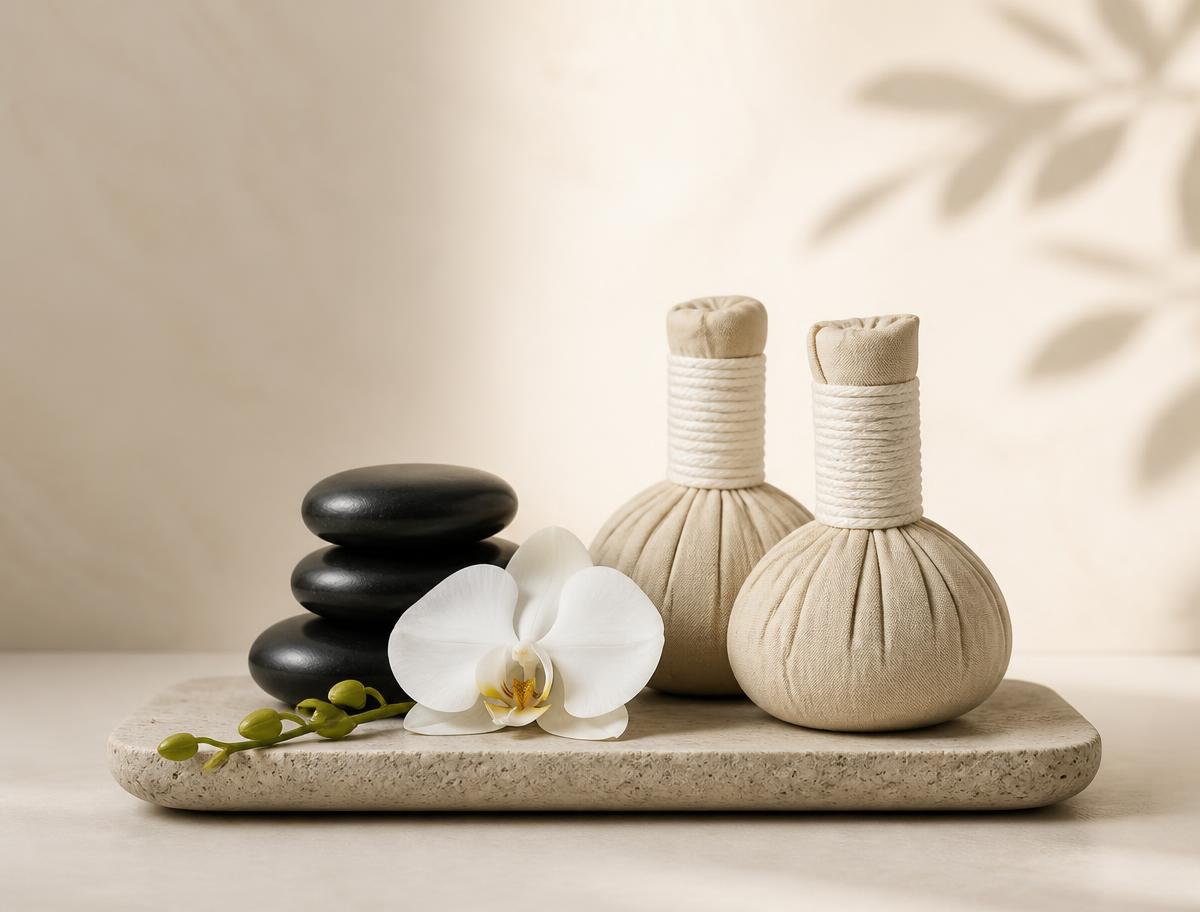 Herbal compress balls, hot stones and a white orchid on a stone tray
